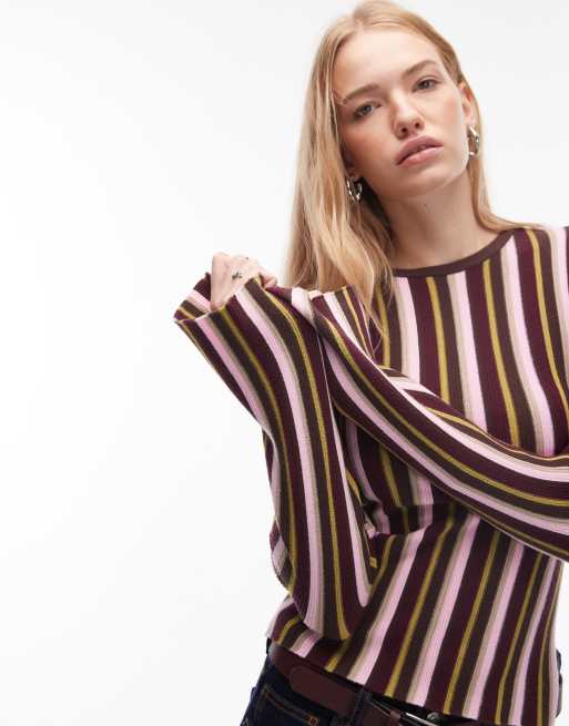 ASOS DESIGN - Top in maglina a righe multicolore con maniche svasate, 4 di 4