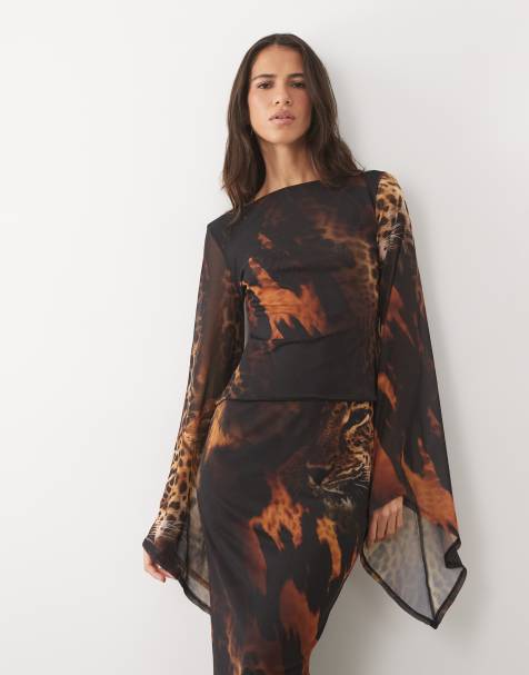 ASOS DESIGN top in mesh stampato con maniche ad ali di pipistrello con motivo tiger - view 1