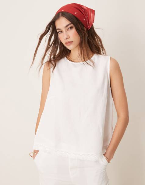 ASOS DESIGN - Top in misto lino bianco con nappe sul bordo in coordinato - view 1