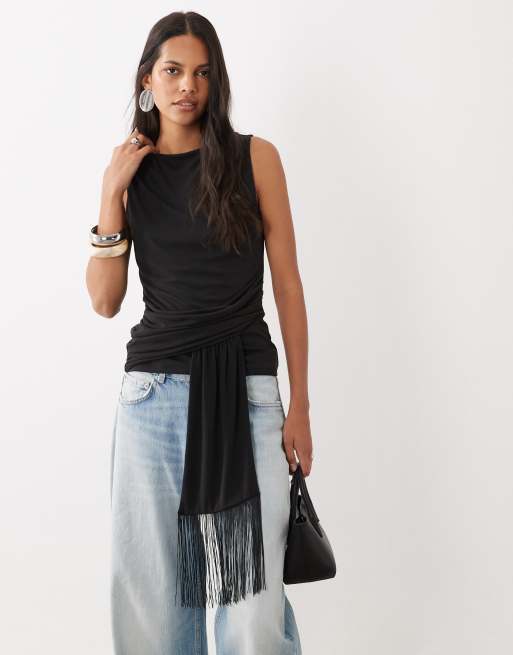 ASOS DESIGN top in modal con scollo a barchetta e dettaglio con laccetto con frange nero, 3 di 4