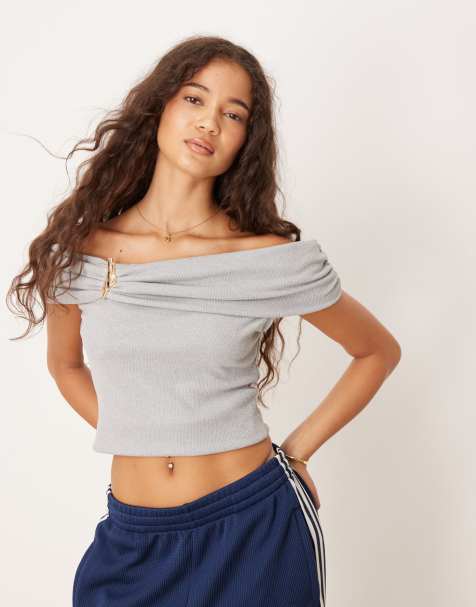 ASOS DESIGN - Top in modal grigio mélange con spalle scoperte, dettaglio in metallo e risvolto - view 1