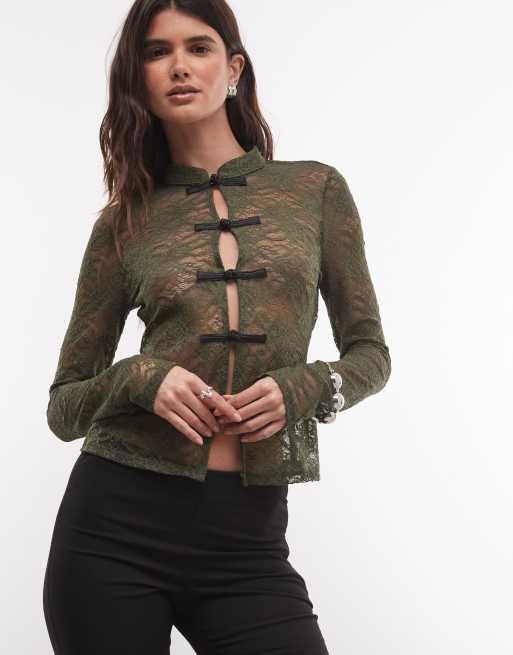 ASOS DESIGN top in pizzo a maniche lunghe con colletto alla coreana color khaki