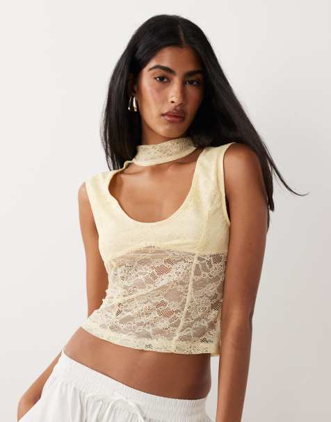 ASOS DESIGN - Top in pizzo color limone con maniche ad aletta e dettaglio al collo - view 1
