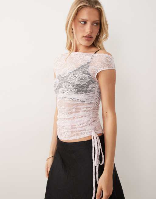 ASOS DESIGN - Top in pizzo con spalle scoperte rosa e marrone color block in coordinato