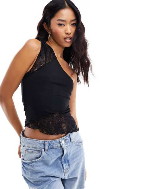ASOS DESIGN - Top in pizzo nero raccolto in vita con spacco - view 1