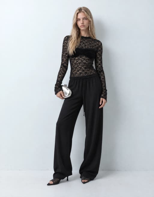 ASOS DESIGN top in pizzo trasparente a collo alto e maniche lunghe con sovrapposizione effetto velluto sul busto nero, 6 di 9