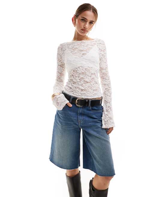 ASOS DESIGN - Top in pizzo trasparente color avorio con scollo a barchetta