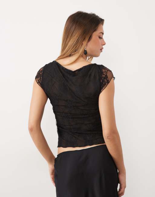 ASOS DESIGN top in pizzo trasparente con maniche a cappuccio nero, 3 di 4