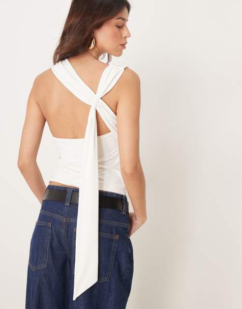 ASOS DESIGN - Top in poliammide color avorio con scollo a barchetta e dettaglio drappeggiato sul retro - view 1