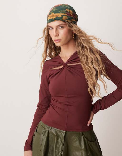 ASOS DESIGN - Top in poliammide color bordeaux con dettaglio annodato