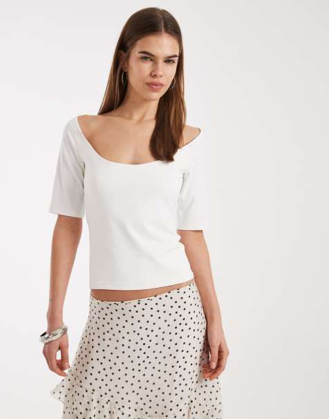 ASOS DESIGN - Top in poliammide color crema con scollo rotondo ampio - view 1