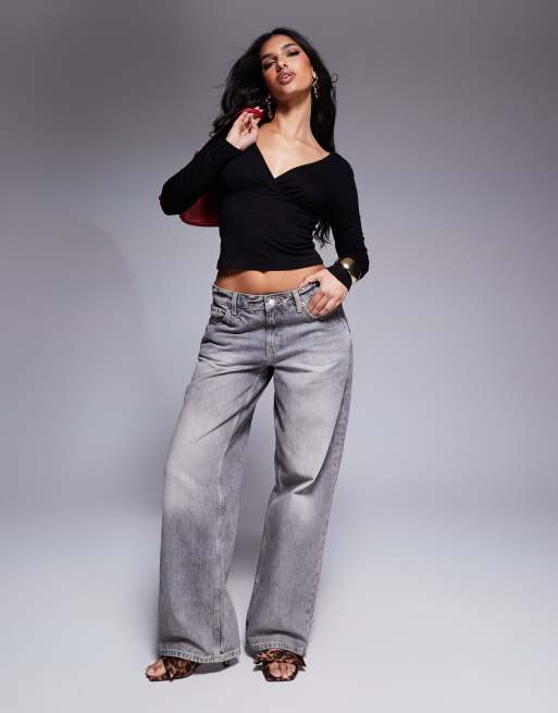 ASOS DESIGN - Top in poliammide nero a portafoglio a maniche lunghe con scollo profondo, 2 di 4