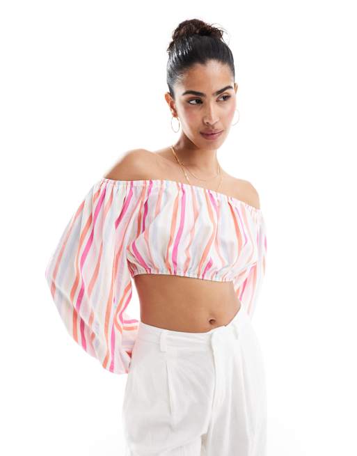 ASOS DESIGN - Top in popeline a righe con scollo Bardot