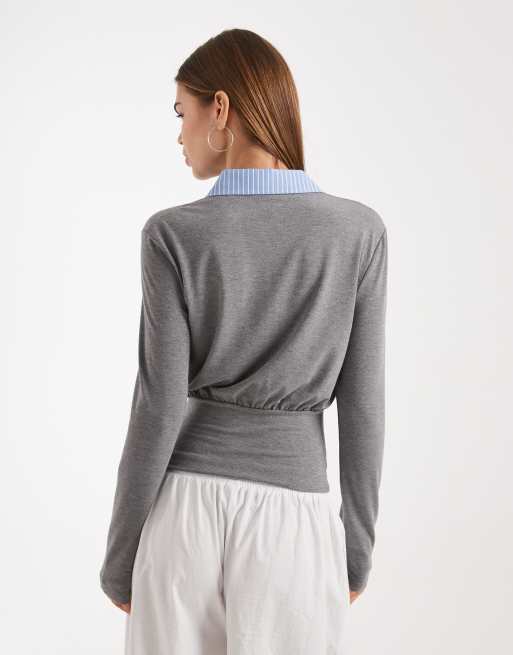 ASOS DESIGN - Top in popeline antracite con colletto a contrasto e bottoni sul davanti, 4 di 4