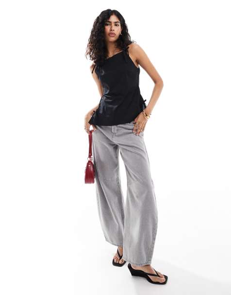 ASOS DESIGN - Top in popeline nero con fiocchi e scollo dritto - view 1