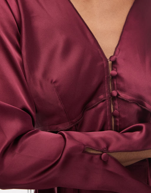 ASOS DESIGN - Top in raso a maniche lunghe color prugna allacciato sul davanti, 3 di 4
