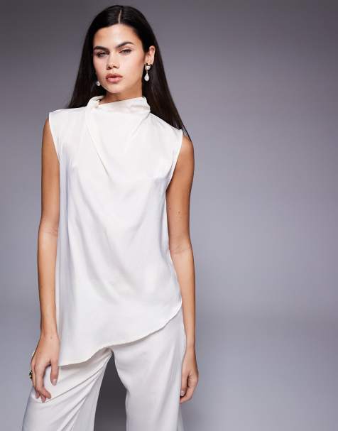 ASOS DESIGN - Top in raso color crema con drappeggio e sciarpa in coordinato - view 1