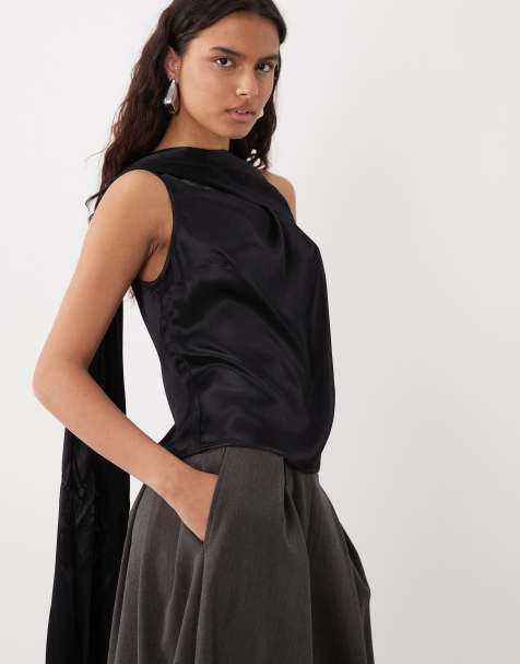 ASOS DESIGN top in raso con dettaglio foulard drappeggiato nero - view 1