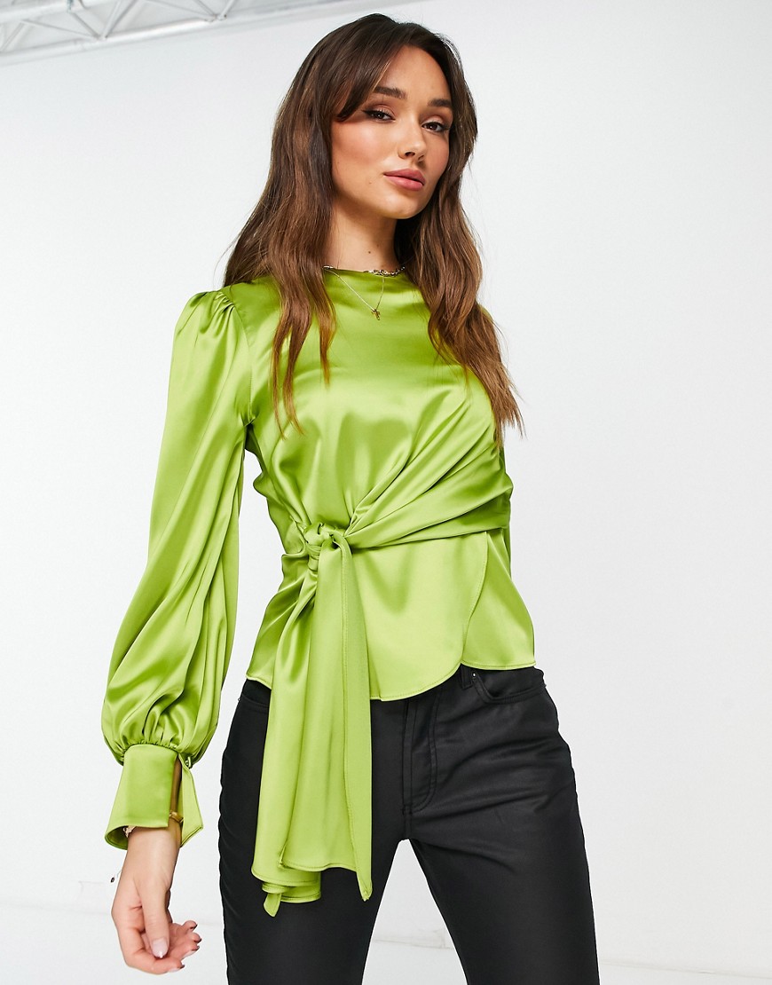 Top in raso drappeggiato sul lato con allacciatura verde - ASOS DESIGN Camicia donna  - immagine2