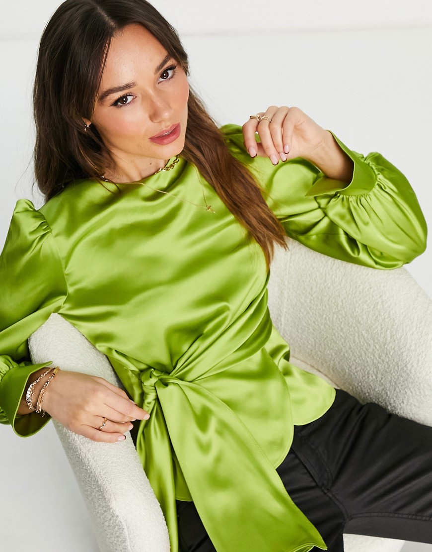 Top in raso drappeggiato sul lato con allacciatura verde - ASOS DESIGN Camicia donna  - immagine1