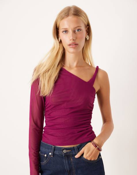 ASOS DESIGN - Top in rete asimmetrico con spallina attorcigliata color fico - view 1