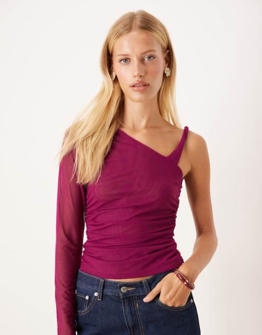 ASOS DESIGN - Top in rete asimmetrico con spallina attorcigliata color fico