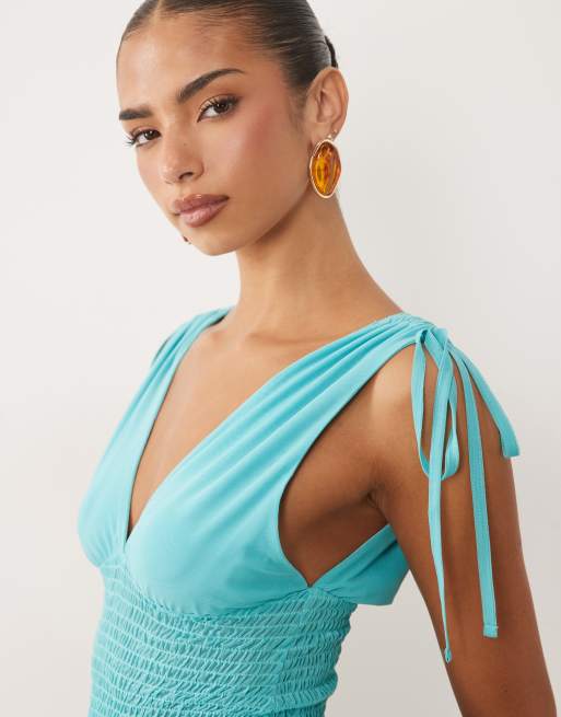 ASOS DESIGN top in rete con arricciatura e scollo profondo turchese, 3 di 4