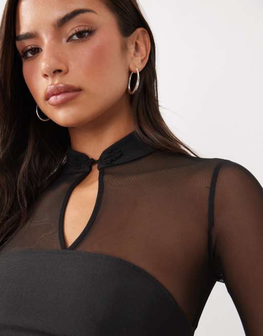 ASOS DESIGN top in rete con corsetto effetto bandage, colletto alla coreana e maniche lunghe nero, 2 di 4