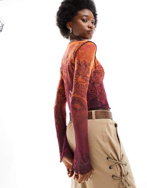 ASOS DESIGN - Top in rete con scollo a barchetta e spacco con stampa di drago, 3 di 4