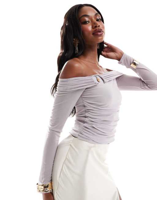 ASOS DESIGN - Top in rete con scollo bardot grigio con finiture