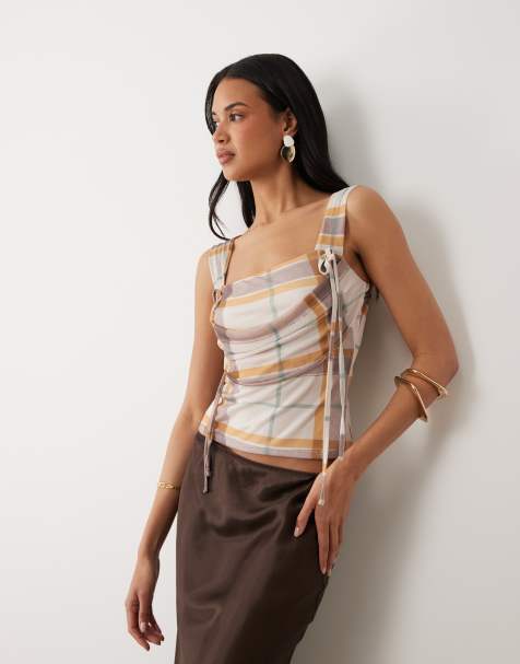 ASOS DESIGN - Top in rete drappeggiato con scollo squadrato e stampa a quadri - view 1