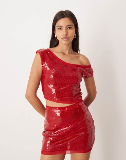 ASOS DESIGN - Top in rete e paillettes rosso con spalle scoperte in coordinato - view 1
