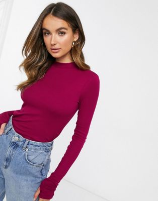 ASOS DESIGN top in rib with thumb hole in wine | ASOS