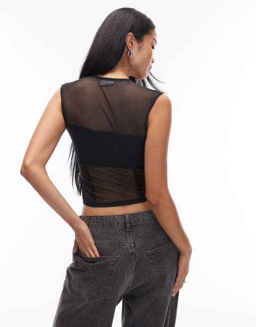 ASOS DESIGN – Top in Schwarz mit transparentem Netzstoffeinsatz und tiefem Ausschnitt, 3 von 4