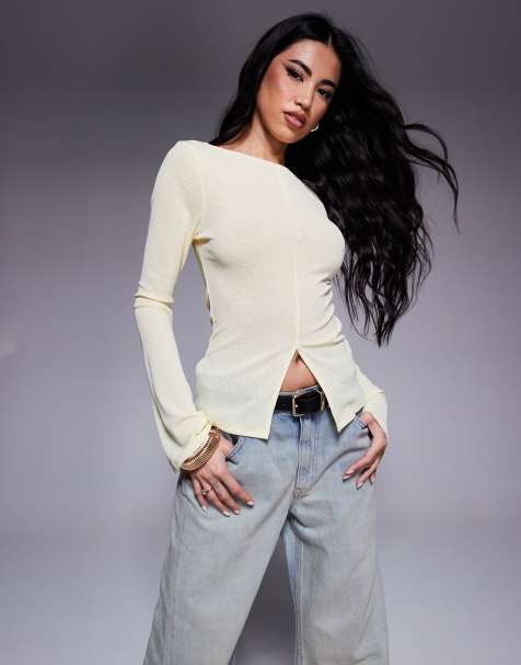 ASOS DESIGN - Top in tessuto a rete giallo con maniche lunghe svasate, scollo a barchetta e spacchetto - view 1