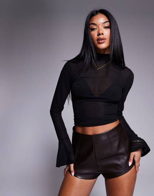 ASOS DESIGN - Top in tessuto a rete nero con maniche svasate e schiena scoperta con allacciatura, 3 di 4