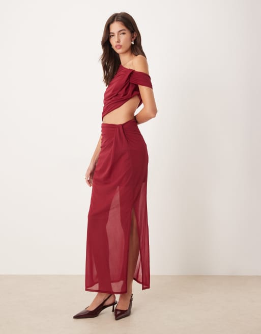 ASOS DESIGN - Top in tessuto a rete rosso semitrasparente asimmetrico drappeggiato in coordinato, 2 di 4