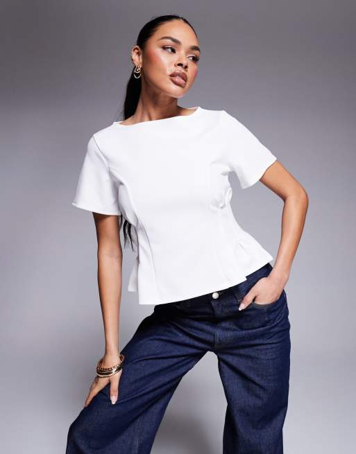 ASOS DESIGN - Top in tessuto scuba bianco con cuciture e vita stile corsetto