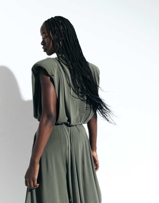 ASOS DESIGN - Top kaki imbottito con spalle drappeggiate voluminose in coordinato, 3 di 5