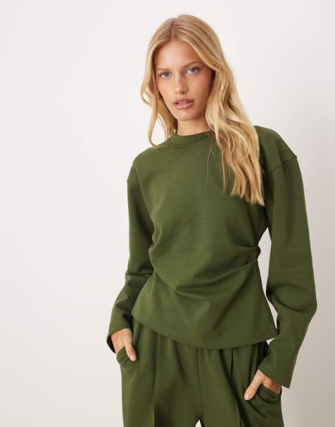 ASOS DESIGN - Top kaki in tessuto interlock a maniche lunghe con vita stile corsetto in coordinato - view 1