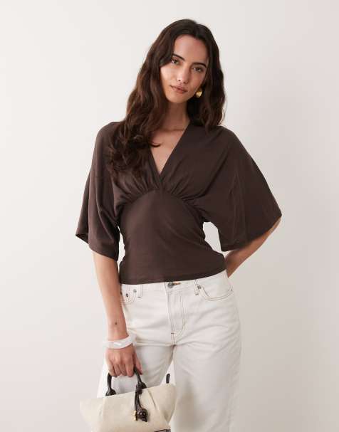 ASOS DESIGN top kopertowy z dekoltem w serek w kolorze brązowym - view 1