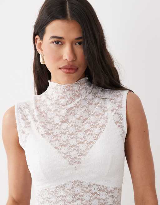 ASOS DESIGN - Top largo blanco sin mangas de encaje transparente, 3 de 4