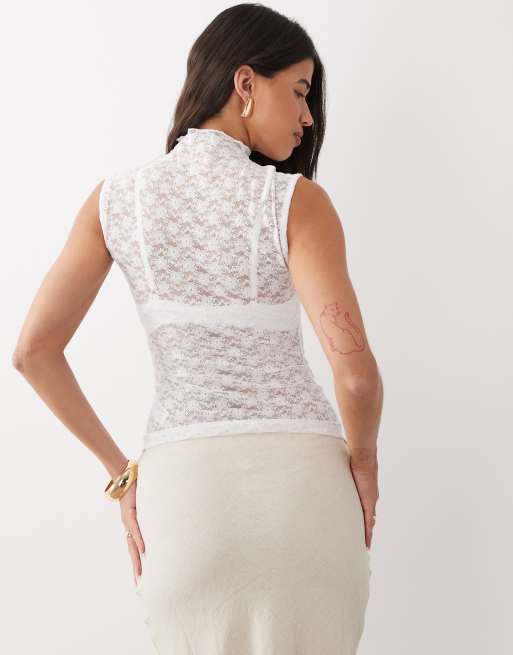 ASOS DESIGN - Top largo blanco sin mangas de encaje transparente, 4 de 4