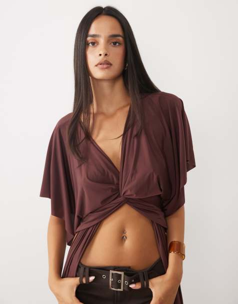ASOS DESIGN top largo con manga drapeada y efecto twist en chocolate - view 1