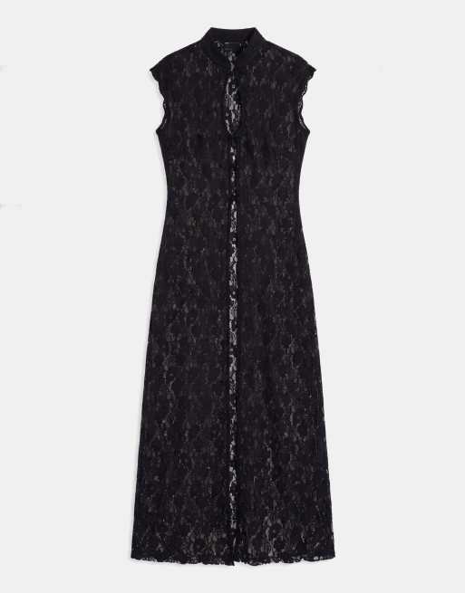 ASOS DESIGN - top largo negro con ribete de encaje y cuello mao, 5 de 8