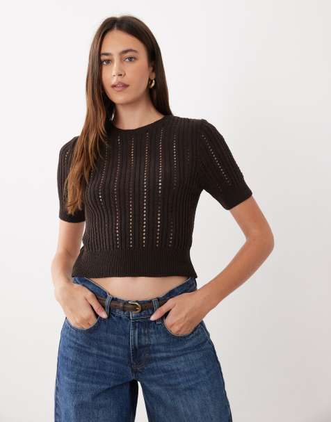 ASOS DESIGN top lavorato a maglia a maniche corte color marrone cioccolato - view 1