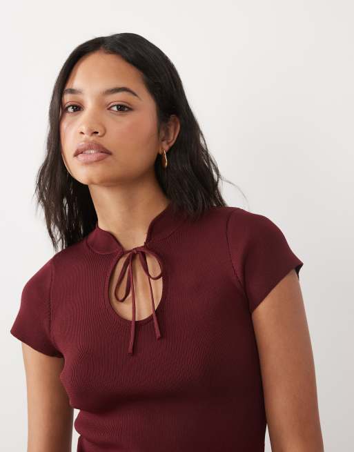 ASOS DESIGN top lavorato a maglia con apertura a goccia e maniche lunghe bordeaux, 2 di 4