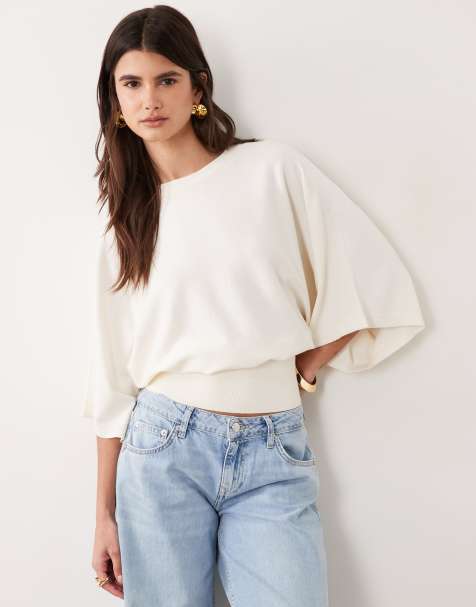 ASOS DESIGN top lavorato a maglia con maniche ad ali di pipistrello e vita segnata in crema - view 1