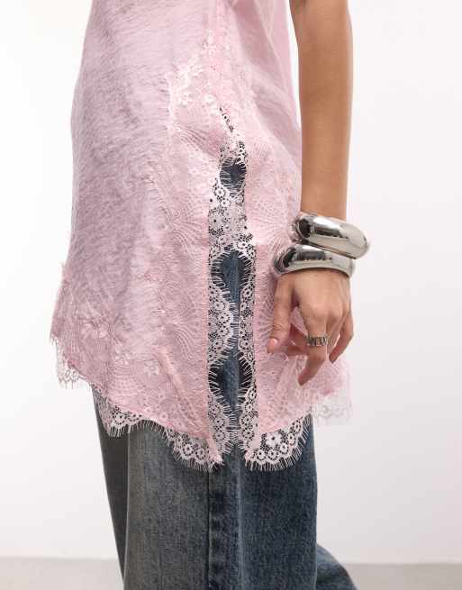 ASOS DESIGN - top lencero largo asimétrico con ribete de encaje en rosa, 3 de 4