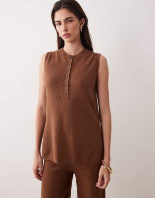 Top long d'ensemble en tissu flammé à col boutonné - Chocolat-Brown M